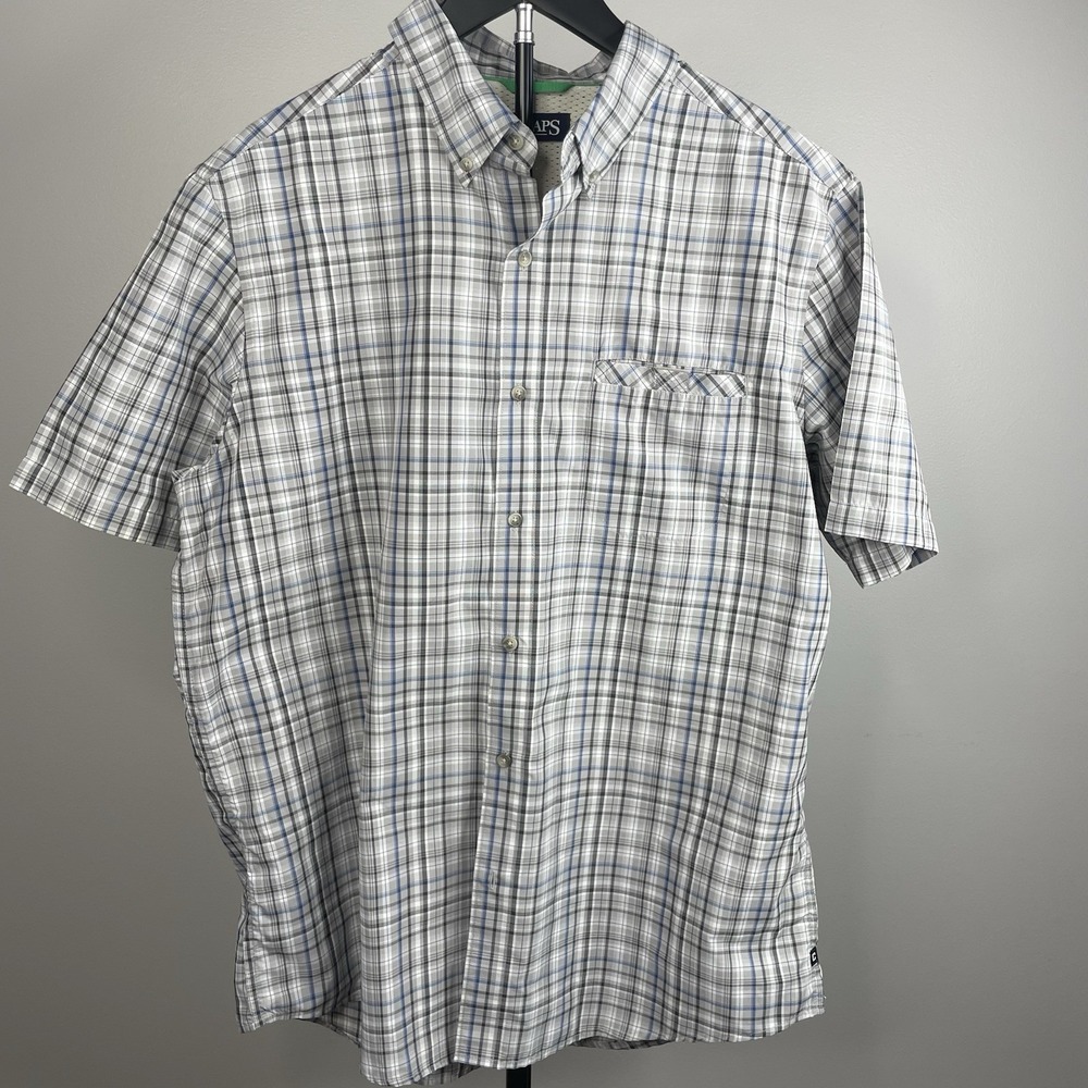 Men's CHAPS Plaid Short Sleeve Button Front Shirt Sz Large L 100% Polyester